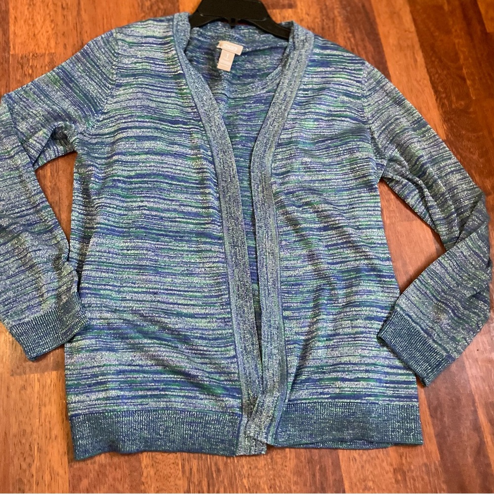 Chicos TwoPiece Tank Cardigan SET Size medium 8/10 Blue Sparkle Lightweight Knit